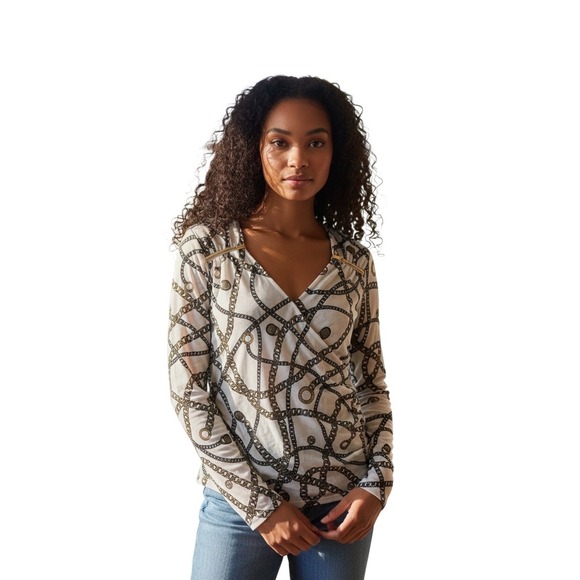 MICHAEL Michael Kors Tops - Michael Michael Kors Womens White Chain Print V Neck Jersey Blouse Large